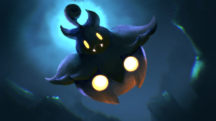 :&lt; absurdres blurry chromatic_aberration closed_mouth commentary fangs fangs_out full_body higa-tsubasa highres looking_at_viewer no_humans pokemon pokemon_(creature) pumpkaboo solo yellow_eyes