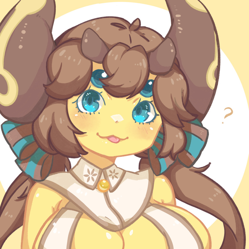 1149211418 1girl ? alien blue_eyes blush bow breasts brown_hair brown_horns colored_skin detached_collar extra_eyes hair_between_eyes hair_bow highres horns large_breasts monster_girl portrait simple_background solo stellaris_(game) striped striped_bow tongue tongue_out yellow_skin