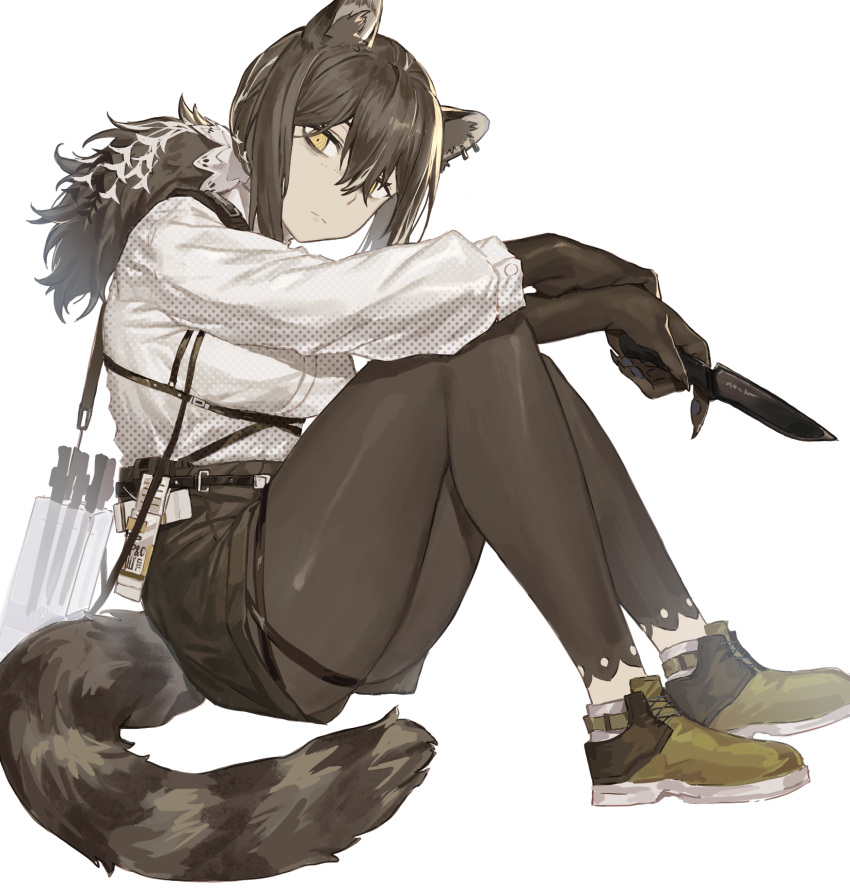 1girl animal_ears arknights brown_eyes brown_hair freckles hatotonaru highres holding holding_knife knife low_ponytail raccoon_ears raccoon_tail robin_(arknights) shorts sitting tail white_background
