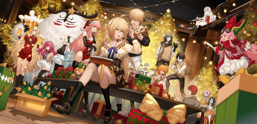 6+girls ahoge arlizi artoria_pendragon_(caster)_(fate) artoria_pendragon_(fate) bangs blonde_hair blush breasts brown_eyes christmas fairy_knight_gawain_(fate) fairy_knight_lancelot_(fate) fairy_knight_tristan_(fate) fate/grand_order fate_(series) green_eyes grey_eyes highres horns large_breasts long_hair multiple_girls pink_hair pointy_ears sidelocks small_breasts tiara twintails white_hair