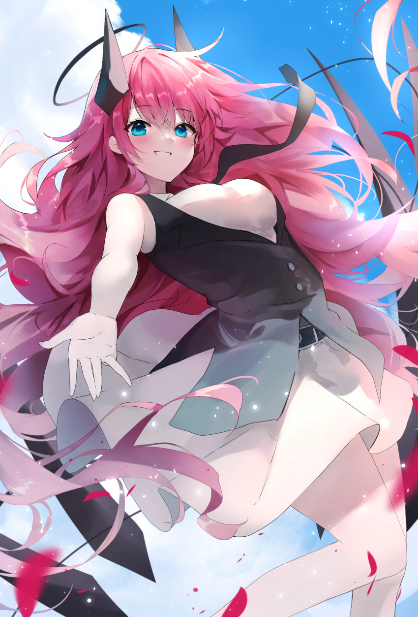 1girl absurdres bangs black_necktie blue_eyes blush breasts clouds day demon_girl dress highres horns large_breasts long_hair looking_at_viewer necktie open_mouth original pink_hair sky smile thighs w_(w64851564)