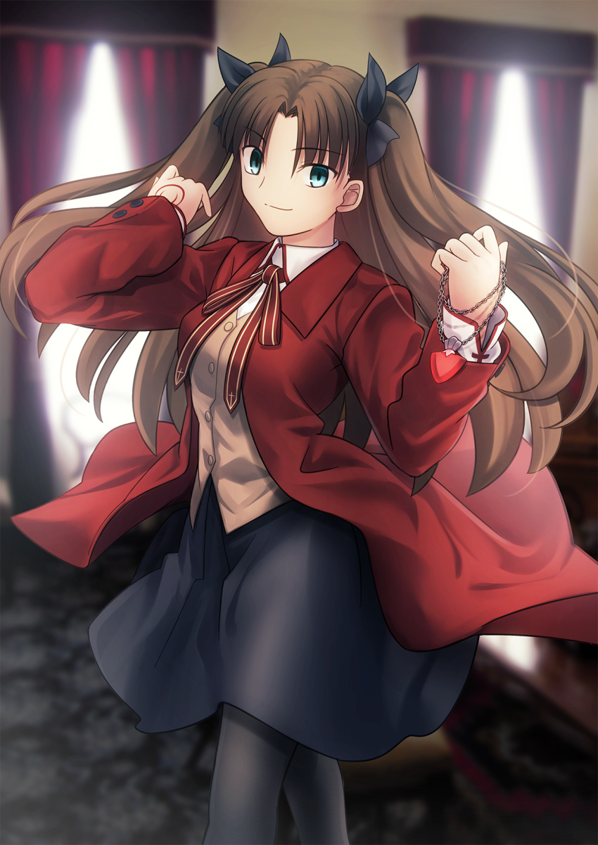 1girl aqua_eyes bangs black_bow blurry blurry_background bow brown_hair brown_vest closed_mouth coat collared_shirt eyebrows_visible_through_hair fate/stay_night fate_(series) floating_hair grey_legwear grey_skirt hair_between_eyes hair_bow hair_intakes heart_pendant highres holding holding_jewelry holding_necklace homurahara_academy_uniform indoors jewelry long_hair long_sleeves looking_at_viewer migiha miniskirt neck_ribbon necklace open_clothes open_coat pantyhose red_coat red_ribbon ribbon shirt skirt smile solo standing tohsaka_rin twintails very_long_hair vest white_shirt wing_collar