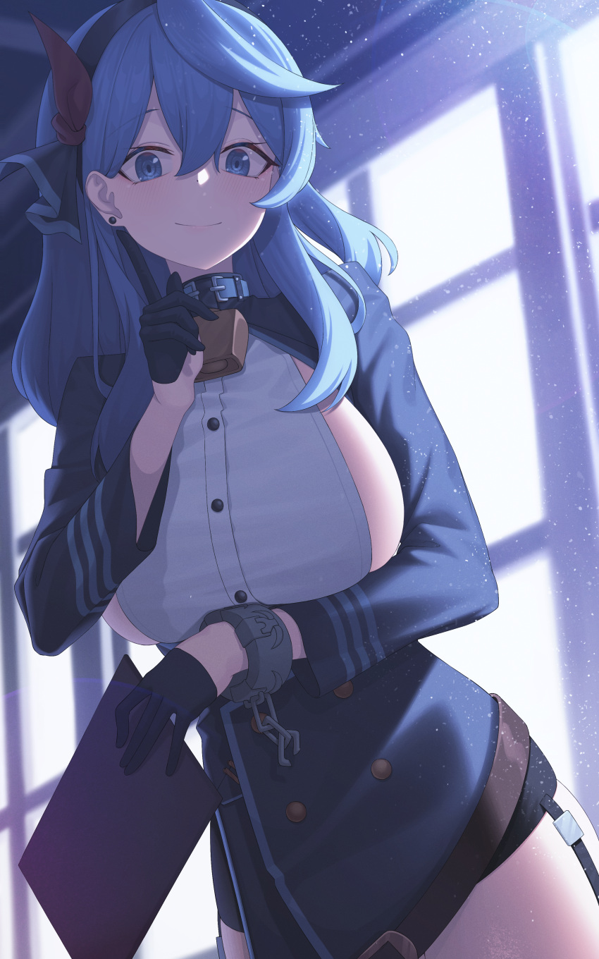 1girl absurdres ako_(blue_archive) belt bintz black_gloves blue_archive blue_eyes blue_hair blue_jacket breasts cowboy_shot framed_breasts garter_straps gloves hairband highres holding index_finger_raised indoors jacket long_hair long_sleeves looking_at_viewer shirt sideboob smile solo standing white_shirt wrist_cuffs