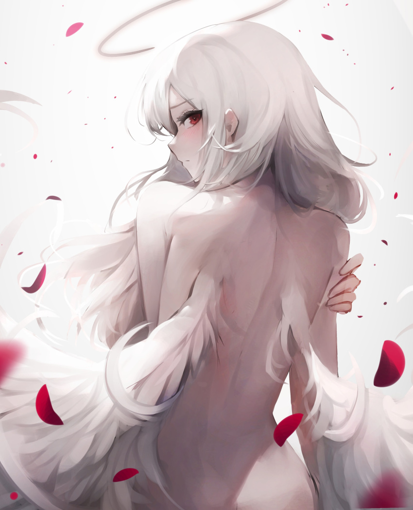 1girl absurdres angel angel_wings ass bangs blush covering covering_breasts falling_petals from_behind frown halo highres long_hair looking_at_viewer nude original petals red_eyes simple_background solo w_(w64851564) white_background white_hair wings