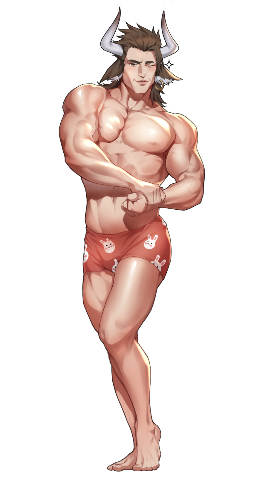 1boy ;) absurdres aluo_7762 animal_ears animal_print arknights bare_legs barefoot black_eyes brown_hair bunny_print forehead full_body highres horns looking_at_viewer male_focus matterhorn_(arknights) muscular muscular_male one_eye_closed red_shorts short_hair shorts simple_background smile solo standing topless_male white_background