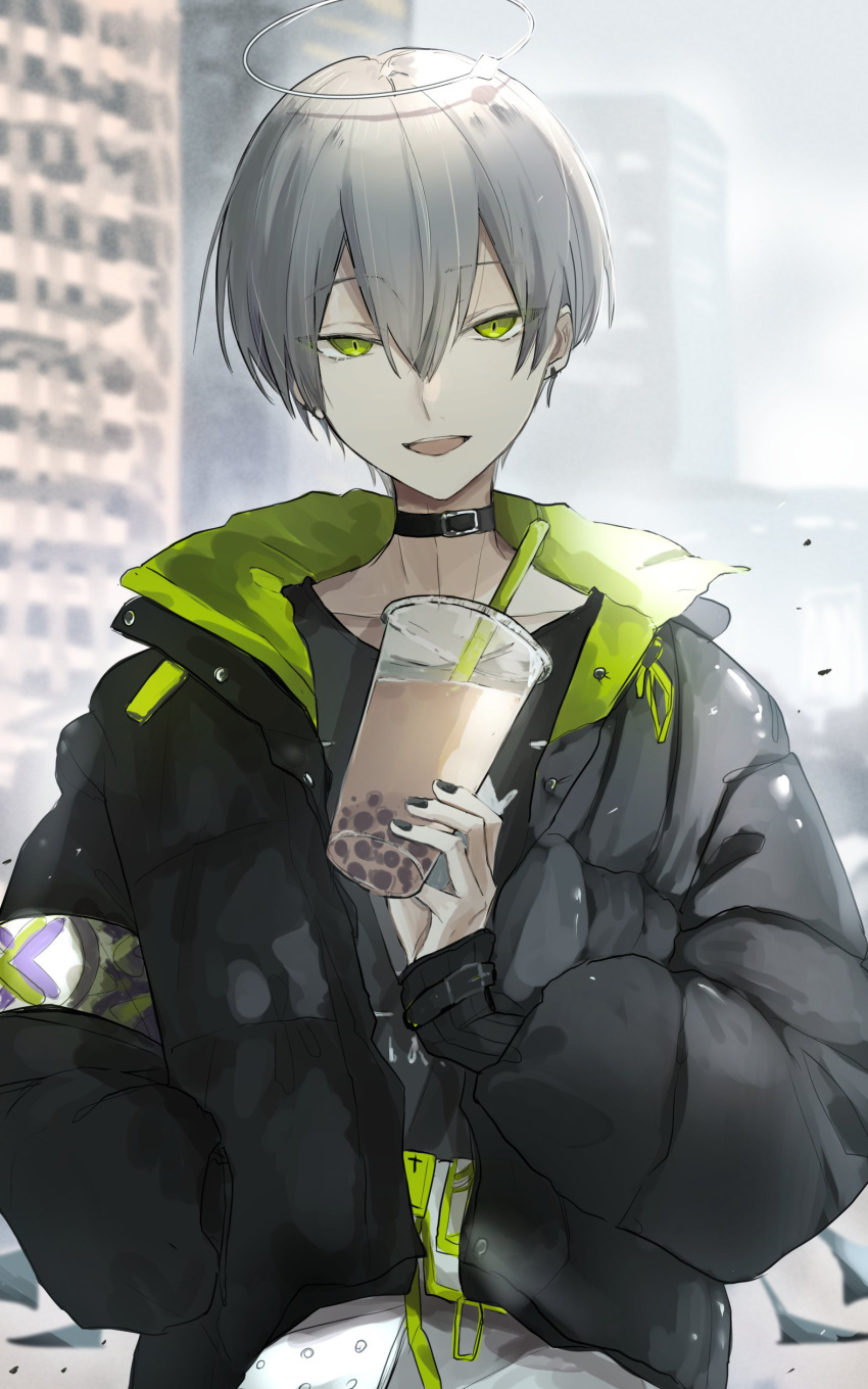 1boy :d absurdres akebisousaku arene_(arknights) arene_(casual)_(arknights) arknights bangs black_choker black_jacket black_nails black_shirt bob_cut choker cup drinking_straw earrings green_eyes grey_hair grey_sky halo highres holding holding_cup jacket jewelry long_sleeves looking_at_viewer milk_tea nail_polish open_mouth outdoors shirt smile solo