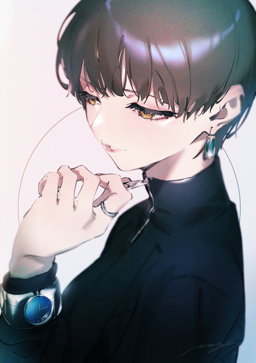 1girl absurdres black_hair black_sweater brown_eyes commentary_request earrings grey_background highres jewelry lips long_sleeves original parted_lips ring rolua short_hair solo sweater turtleneck turtleneck_sweater upper_body watch watch zipper_pull_tab