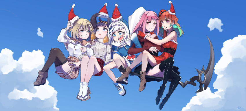 5girls :d :o absurdres animal_hood arm_around_shoulder arm_hug black_legwear black_nails blonde_hair blue_eyes blue_hair blue_sky boots capelet choker christmas clouds day dress english_commentary falling fang full_body fur-trimmed_capelet fur-trimmed_gloves fur-trimmed_headwear fur_trim gawr_gura geta gloves grin hair_ornament happy_holidays hat highres hololive hololive_english holomyth hood long_hair long_sleeves looking_at_another looking_at_viewer mole mole_under_eye monocle_hair_ornament mori_calliope multicolored_hair multiple_girls multiple_hats nail_polish ninomae_ina'nis o3o off-shoulder_dress off_shoulder orange_hair pink_eyes pink_hair plaid plaid_skirt pom_pom_(clothes) purple_hair red_dress red_gloves santa_gloves santa_hat scythe shark_hood sharp_teeth sitting sitting_on_lap sitting_on_person skirt sky smile streaked_hair sweater takanashi_kiara tape teeth tentacle_hair thigh-highs thigh_boots turtleneck turtleneck_sweater violet_eyes virtual_youtuber watson_amelia white_hair white_legwear zaniaii zettai_ryouiki