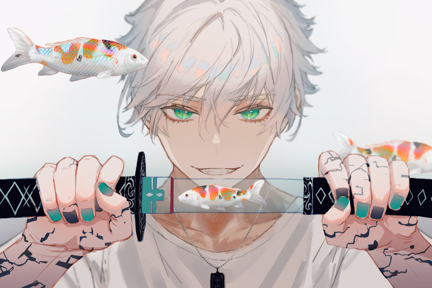 1boy black_nails dog_tags fish green_eyes green_nails highres holding holding_sword holding_weapon katana koi looking_at_viewer original pinlin shirt simple_background smile solo sword tattoo teeth weapon white_background white_hair white_shirt