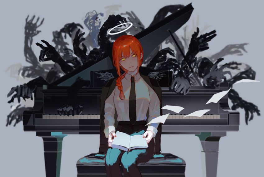 1girl angel_wings bangs black_necktie black_pants book braid braided_ponytail breasts chainsaw_man collared_shirt fox_shadow_puppet grey_background halo hands highres instrument long_hair long_sleeves looking_at_viewer makima_(chainsaw_man) medium_breasts necktie pages pants piano pinlin redhead ringed_eyes shirt simple_background sitting smile solo white_shirt wings yellow_eyes