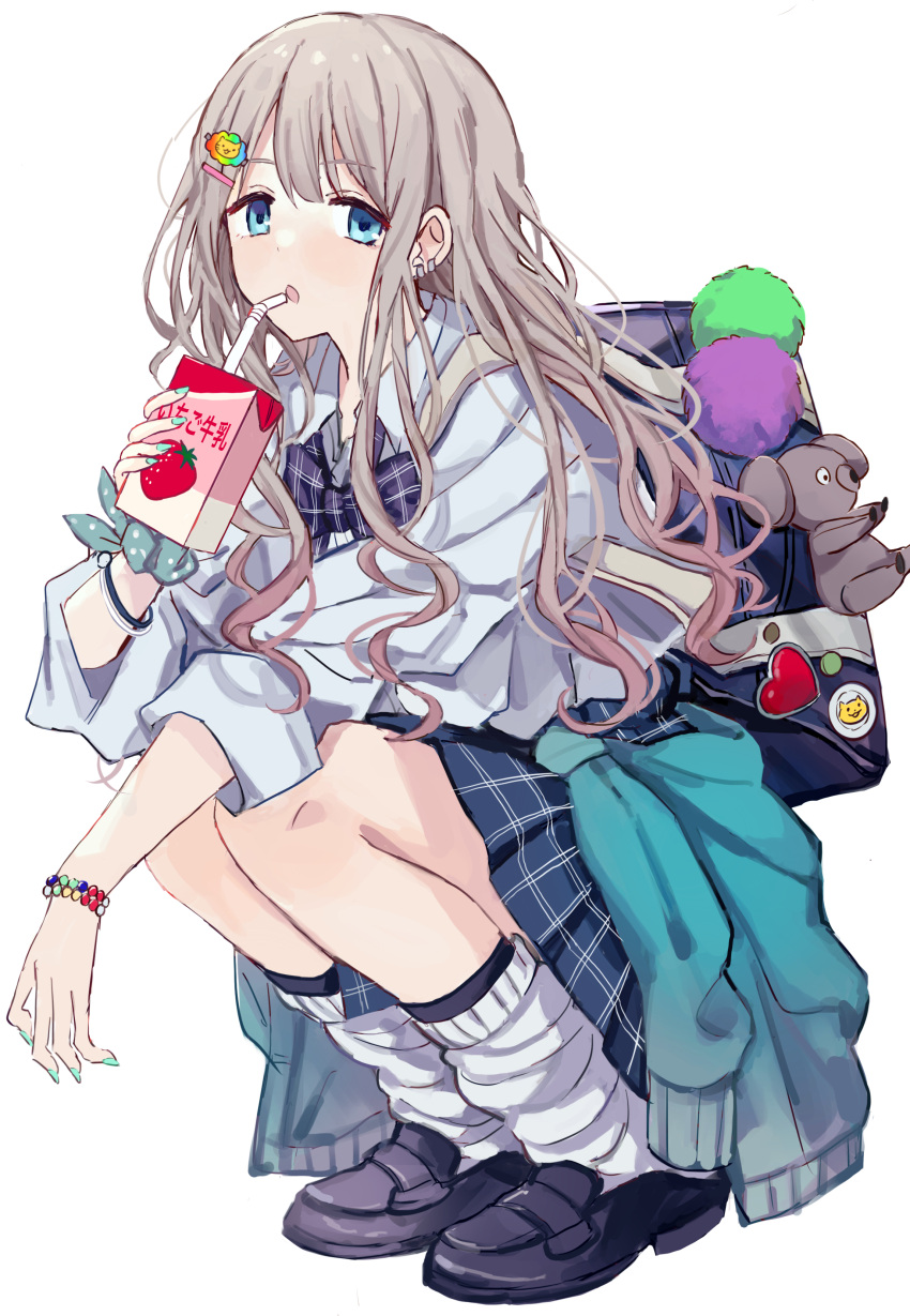 1girl :o absurdres aqua_eyes bag bow bowtie bracelet drinking_straw earrings eyebrows_visible_through_hair full_body green_jacket grey_hair hair_ornament highres idolmaster idolmaster_shiny_colors jacket jacket_partially_removed jewelry loafers long_hair looking_at_viewer loose_bowtie loose_socks nail_polish namiharuru open_collar plaid plaid_skirt school_bag school_uniform scrunchie serizawa_asahi shoes simple_background skirt sleeves_rolled_up solo squatting strawberry_milk wavy_hair white_background wrist_scrunchie