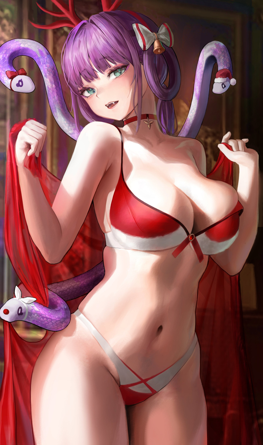 1girl absurdres bangs bare_arms bare_shoulders bell bikini bow breasts choker commentary cowboy_shot eyebrows_visible_through_hair fake_antlers fang green_eyes hair_bell hair_bow hair_ornament hair_rings hairband highres large_breasts looking_at_viewer navel open_mouth original purple_hair red_bikini red_choker red_hairband short_hair snake solo standing stomach swimsuit white_bow yearu_(weid)