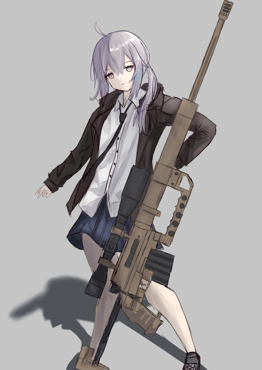 1girl absurdres bangs black_footwear black_jacket black_necktie blue_skirt bolt_action cheytac_m200 closed_mouth expressionless eyebrows_visible_through_hair full_body girls_frontline grey_background gun hair_ornament hairclip highres holding holding_gun holding_weapon jacket light_purple_eyes light_purple_hair long_hair looking_at_viewer m200_(girls'_frontline) necktie rifle shirt shoes skirt sniper_rifle solo standing weapon wh1te white_shirt