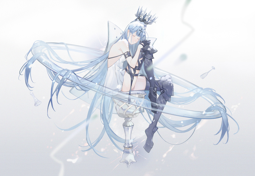 absurdly_long_hair armored_boots armpit_crease ass azur_lane backless_dress backless_outfit black_gloves blue_hair boots champagne_(azur_lane) closed_eyes commentary cross crown cup dress drinking_glass from_side gloves halo hands_on_own_knees headpiece highres knee_up kongxin_dian leaning_forward long_hair sitting snow snowing thighs very_long_hair white_dress wine_glass