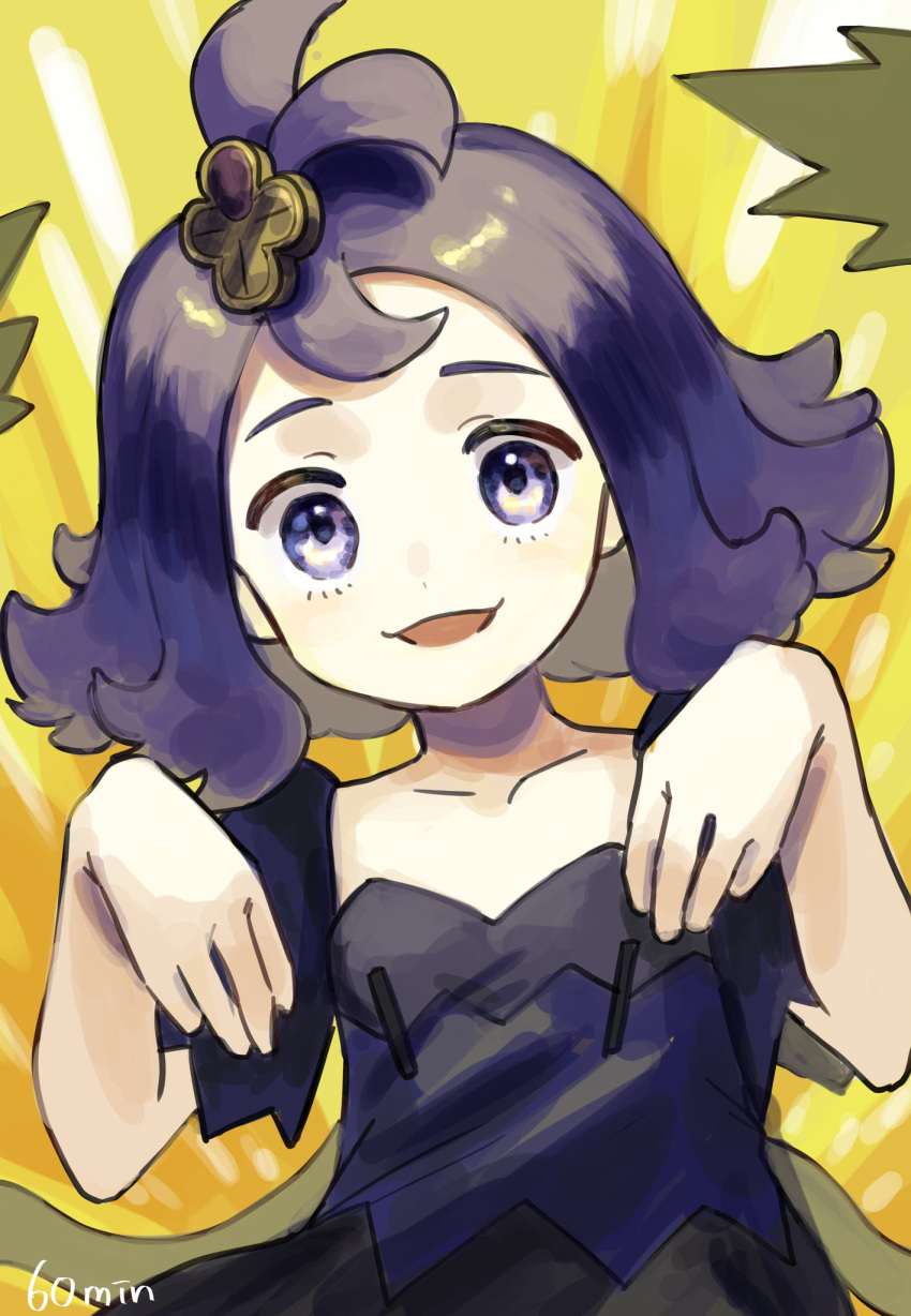 1girl acerola_(pokemon) bangs collarbone commentary_request dress flipped_hair grey_dress hair_ornament hairclip hands_up highres keytaro1125 looking_at_viewer medium_hair multicolored_clothes multicolored_dress open_mouth pokemon pokemon_(game) pokemon_sm purple_hair short_sleeves smile solo stitches topknot torn_clothes torn_dress
