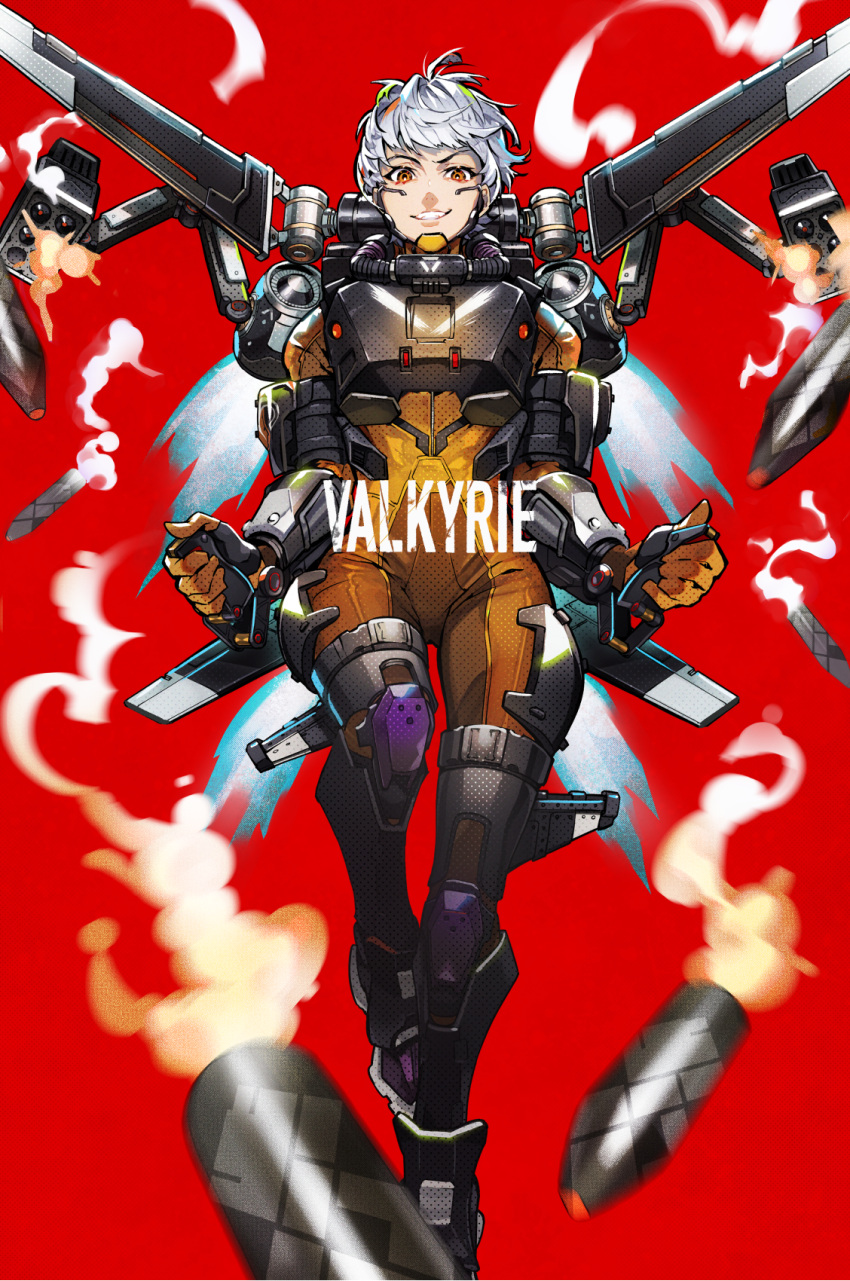 1girl apex_legends bodysuit commentary_request flying grey_hair grin highres jetpack looking_at_viewer mika_pikazo missile missile_pod official_art orange_bodysuit orange_eyes red_background short_hair simple_background smile smoke solo tagme teeth valkyrie_(apex_legends)