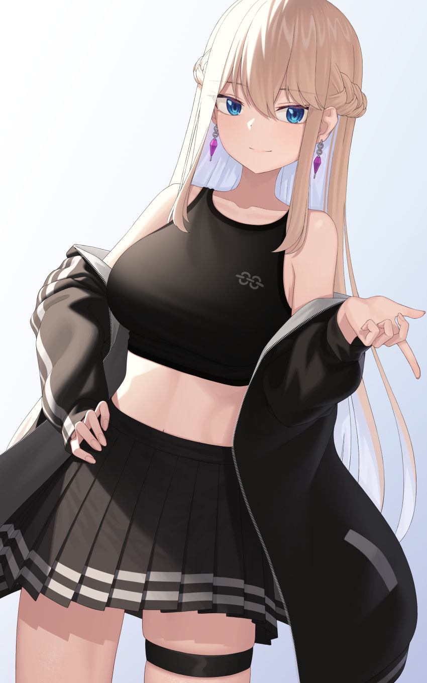 1girl absurdres bare_shoulders bintz black_jacket black_shirt black_skirt blonde_hair blue_eyes breasts colored_inner_hair commission cowboy_shot crop_top earrings hand_on_hip hand_up highres jacket jewelry large_breasts long_hair long_sleeves looking_at_viewer midriff miniskirt multicolored_hair off_shoulder open_clothes open_jacket original pleated_skirt shirt sidelocks skirt sleeveless sleeveless_shirt smile solo standing stomach thigh_strap very_long_hair white_background