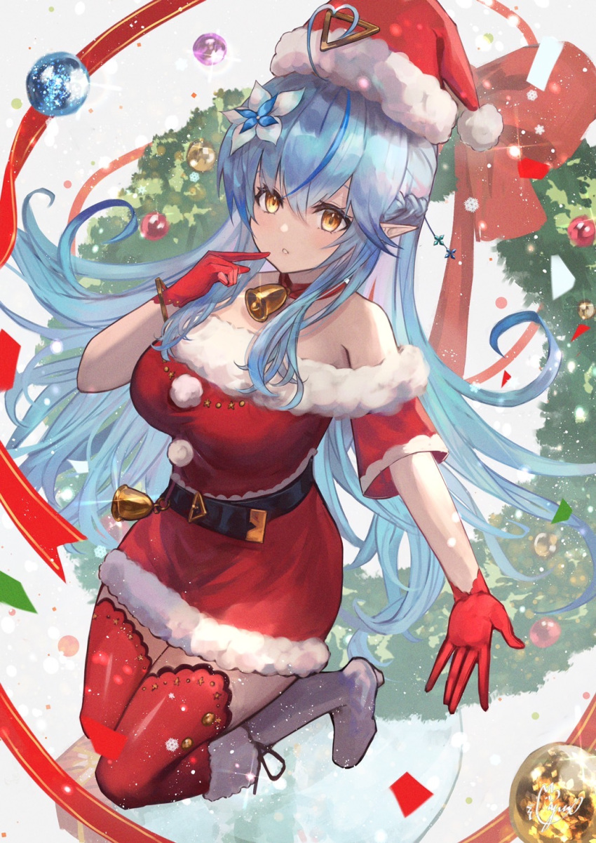 1girl bangs bell belt black_belt blue_hair boots bracelet breasts choker christmas commentary_request dress elf fur-trimmed_dress fur_trim gloves hair_between_eyes hand_up hat highres hololive jewelry knee_boots large_breasts long_hair looking_at_viewer multicolored_hair neck_bell off_shoulder parted_lips pointy_ears red_choker red_dress red_gloves red_legwear santa_costume santa_hat short_sleeves solo streaked_hair thigh-highs very_long_hair virtual_youtuber white_footwear xyunx yellow_eyes yukihana_lamy