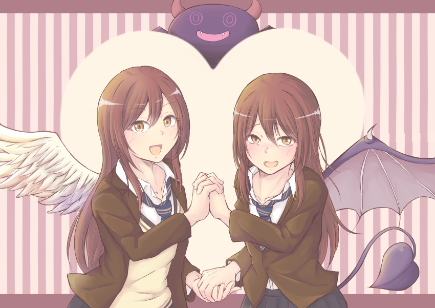 2girls absurdres beige_sweater blue_neckwear brown_eyes brown_hair camphora collared_shirt eyebrows_visible_through_hair from_above gradient gradient_background grey_jacket hair_between_eyes hands_clasped highres idolmaster idolmaster_shiny_colors jacket long_hair looking_at_viewer multiple_girls one_eye_closed oosaki_amana oosaki_tenka open_mouth own_hands_together plaid plaid_skirt pleated_skirt school_uniform shirt siblings sidelocks skirt standing straight_hair striped striped_neckwear tokufumi twins white_shirt