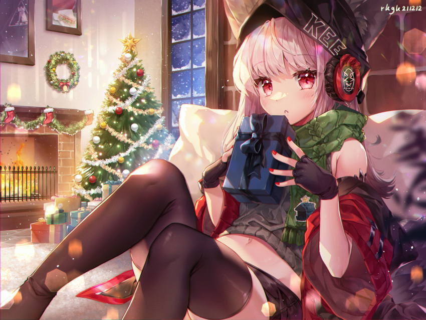 1girl animal_ears arknights bangs black_gloves black_legwear christmas christmas_lights christmas_ornaments christmas_present christmas_tree cushion eyebrows_visible_through_hair eyes_visible_through_hair fingerless_gloves fire fireplace food fox_ears framed_image frostleaf_(arknights) gift gloves green_scarf headphones highres holding holding_gift jacket jacket_partially_removed lens_flare lens_flare_abuse light_blush light_particles log long_hair looking_at_viewer midriff_peek ninjinshiru oripathy_lesion_(arknights) oversized_clothes parted_lips pullover red_eyes red_nails rhodes_island_logo sandwich scarf sitting sleeveless sleeveless_turtleneck snow snowflakes snowing solo tank_top thigh-highs turtleneck white_hair window woollen_cap