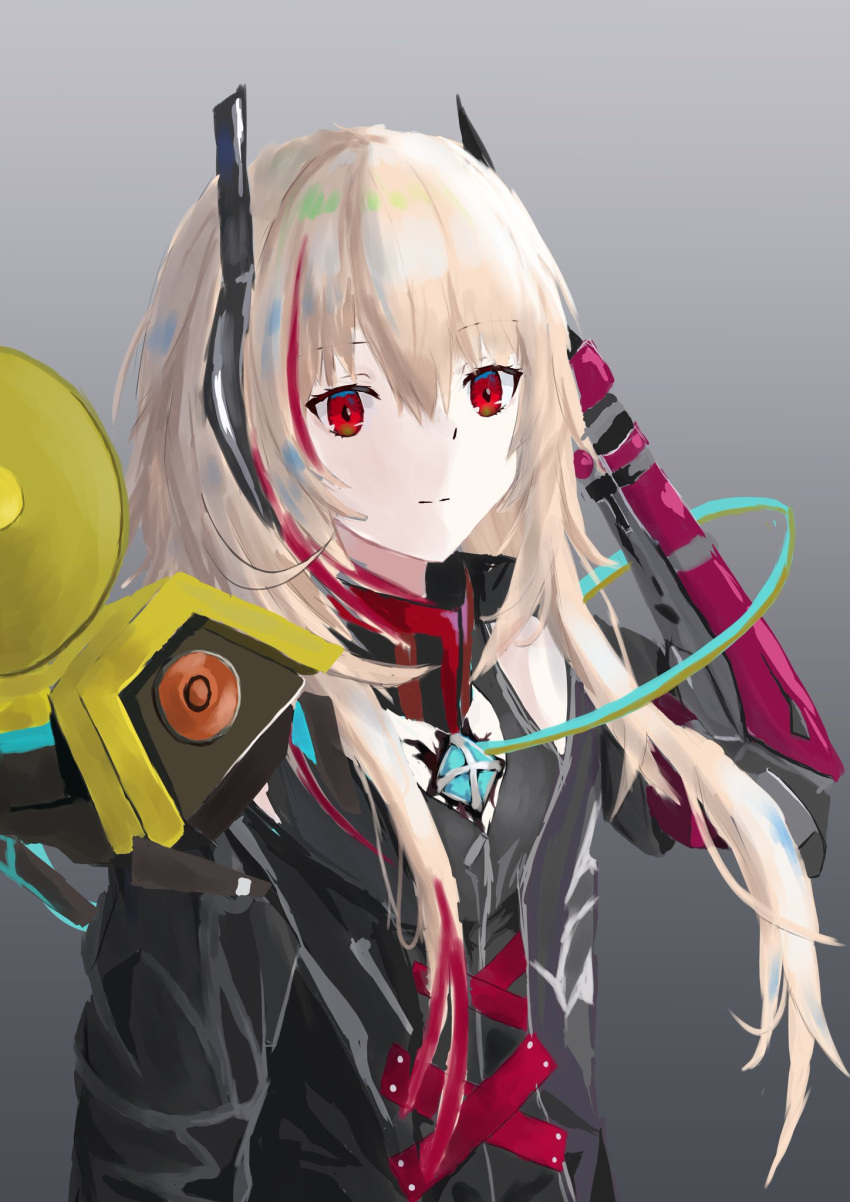 1girl arm_behind_head banana_(girls'_frontline) bangs black_jacket blonde_hair closed_mouth eyebrows_visible_through_hair feet_out_of_frame girls_frontline grey_background headset highres jacket long_hair looking_at_viewer m4_sopmod_ii_(girls'_frontline) mechanical_arms multicolored_hair red_eyes single_mechanical_arm solo standing upper_body wh1te