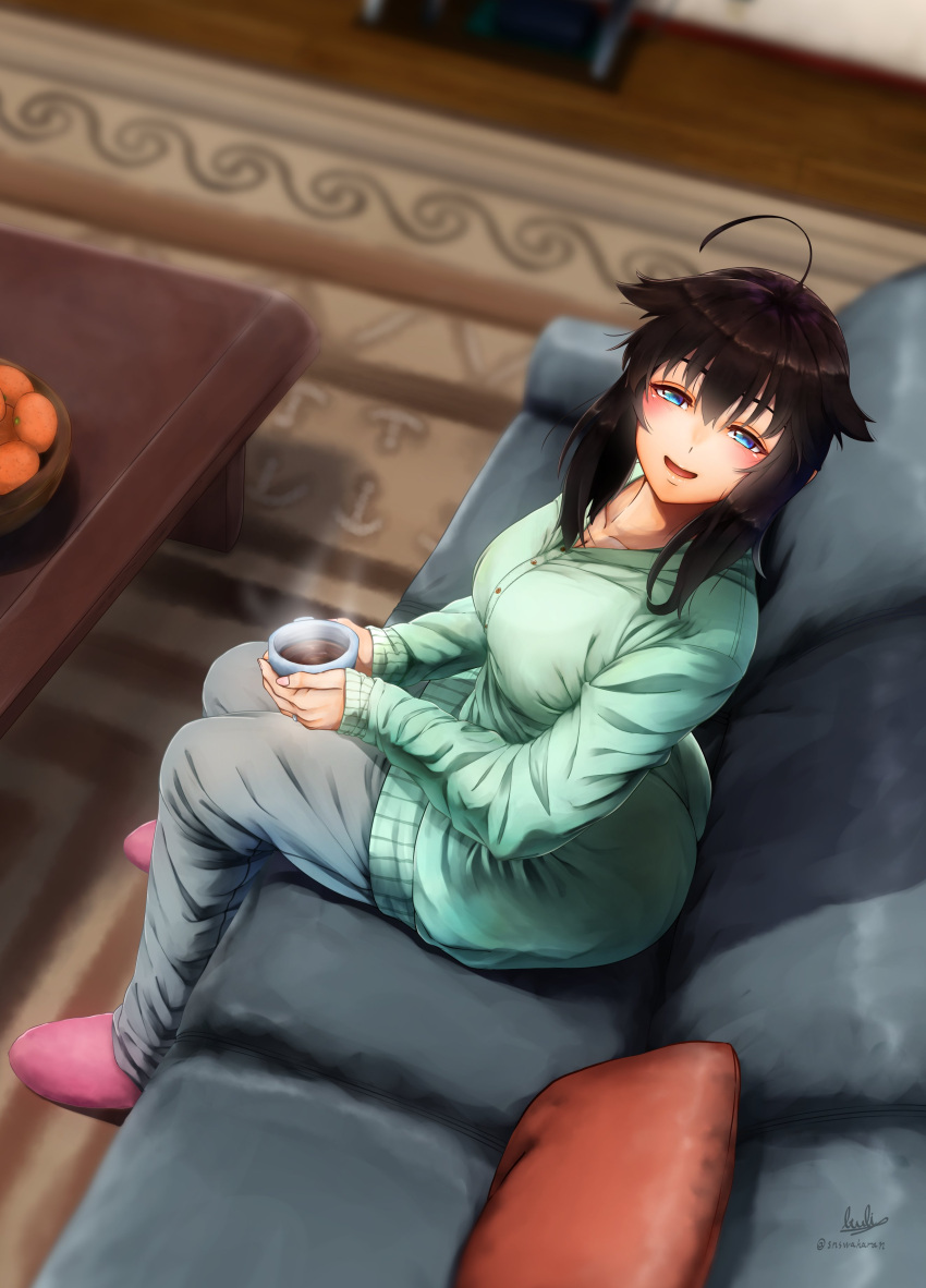1girl absurdres ahoge black_hair blue_eyes blue_legwear breasts collarbone couch cup cushion eyebrows_visible_through_hair from_above fruit_basket full_body green_shirt hair_flaps half-closed_eyes highres holding holding_cup hot_drink indoors kantai_collection long_sleeves looking_at_viewer medium_breasts parted_lips pink_footwear pov rug shigure_(kancolle) shirt smile steam table tsui_(kojiya)