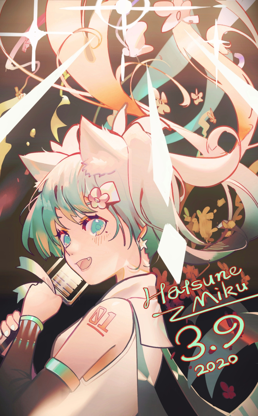 1girl 39 absurdres animal_ears arm_tattoo black_background black_sleeves blue_eyes blue_hair blush cat_ears character_name commentary dated detached_sleeves fang floating_hair flower hair_ornament hairclip hatsune_miku highres holding holding_microphone_stand long_hair microphone_stand mole mole_under_eye noco_(pixiv14976070) open_mouth shirt sleeveless sleeveless_shirt smile solo tattoo twintails upper_body vocaloid white_shirt