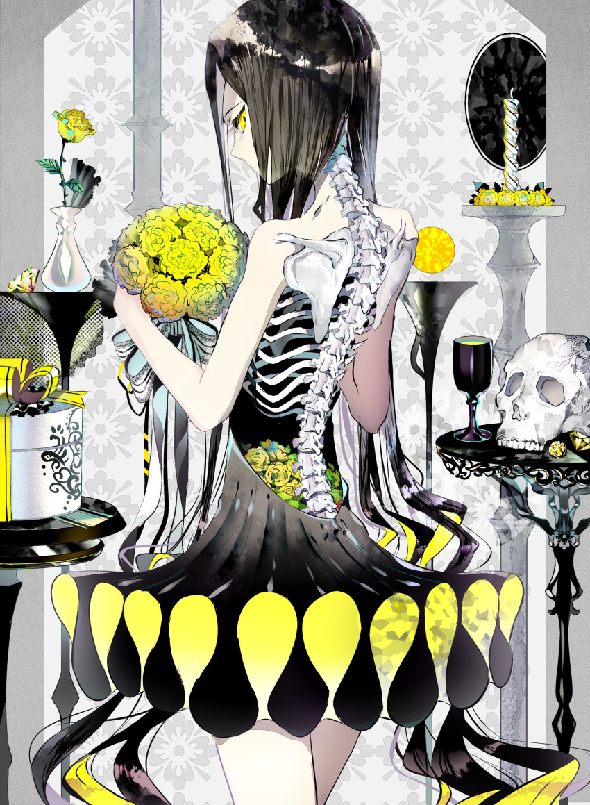 1girl absurdres bangs bare_shoulders black_hair bouquet box candle candlestand closed_mouth commentary_request expressionless flower flower_pot gift gift_box glass highres holding holding_bouquet long_hair looking_at_viewer original ribs rooseputo_02 rose shiny shiny_hair sidelocks sideways_glance skeleton skull solo spine standing table vase very_long_hair yellow_eyes yellow_flower yellow_rose