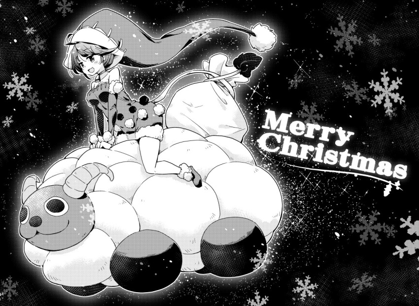1girl :3 :d bangs doreking doremy_sweet dress eyebrows_visible_through_hair from_side full_body hat merry_christmas monochrome nightcap off-shoulder_dress off_shoulder open_mouth pom_pom_(clothes) sack sheep short_hair sitting smile snowflakes tail tanasuke tapir_tail touhou