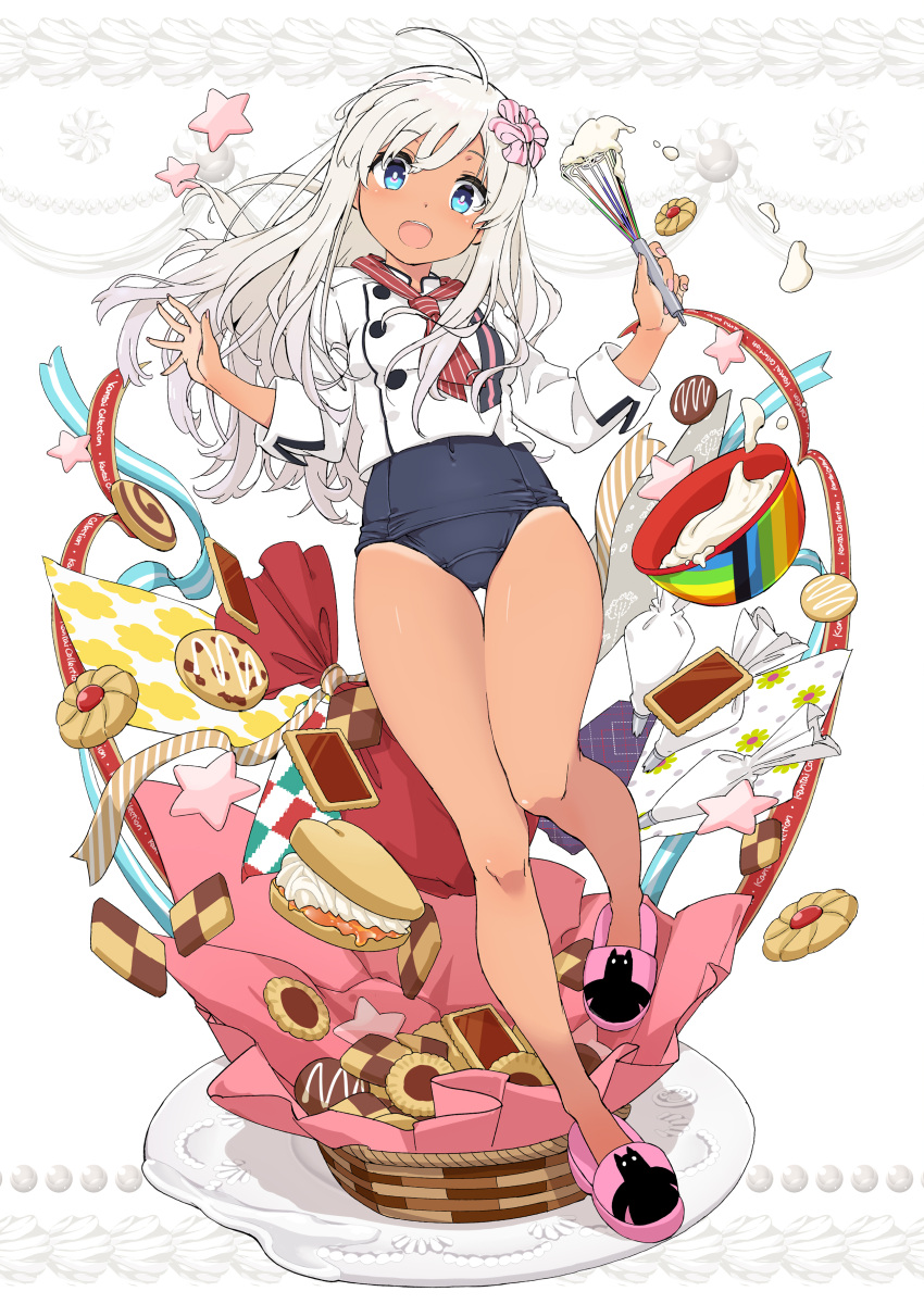 1girl absurdres ahoge aka_ringo alternate_costume black_swimsuit blonde_hair blue_eyes blush eyebrows_visible_through_hair fingernails full_body hair_between_eyes highres holding holding_whisk kantai_collection long_hair long_sleeves mixing_bowl one-piece_swimsuit open_mouth ro-500_(kancolle) school_swimsuit snack solo swimsuit swimsuit_under_clothes tan tanlines teeth upper_teeth whisk