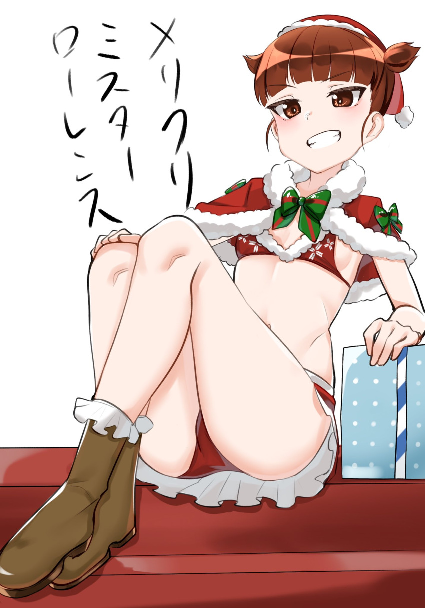 0:00 1girl bikini blush breasts brown_eyes brown_hair capelet christmas christmas_present eyebrows_visible_through_hair fur_trim gift girls_und_panzer grin hat highres micro_bikini microskirt mikko_(girls_und_panzer) navel red_bikini santa_bikini santa_hat shiny shiny_hair short_hair simple_background sitting skirt small_breasts smile solo swimsuit twintails white_background