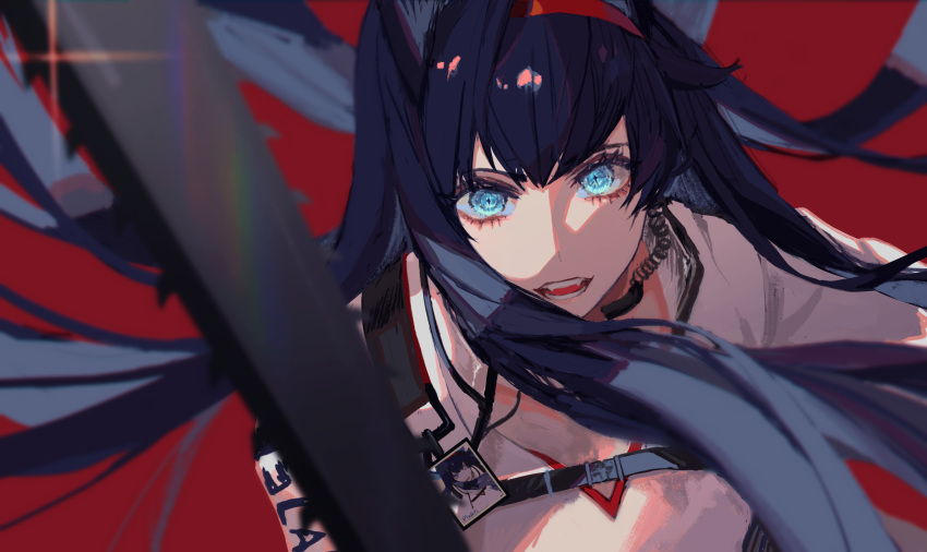 1girl absurdres animal_ears arknights bangs black_hair blaze_(arknights) blue_eyes breasts cat_ears hairband highres long_hair looking_at_viewer open_mouth pinlin red_background red_hairband solo teeth very_long_hair