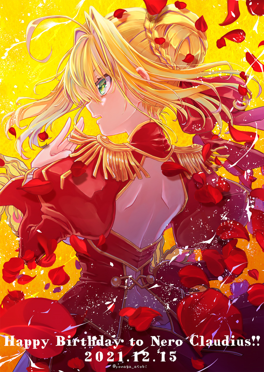 1girl 2021 496mm ahoge backless_dress backless_outfit bangs blonde_hair braid braided_bun butt_crack character_name dated dress eyebrows_visible_through_hair fate/extra fate_(series) floating_hair green_eyes hair_between_eyes hair_intakes happy_birthday highres long_hair long_sleeves nero_claudius_(fate) nero_claudius_(fate/extra) open_mouth profile red_dress shoulder_blades solo yellow_background