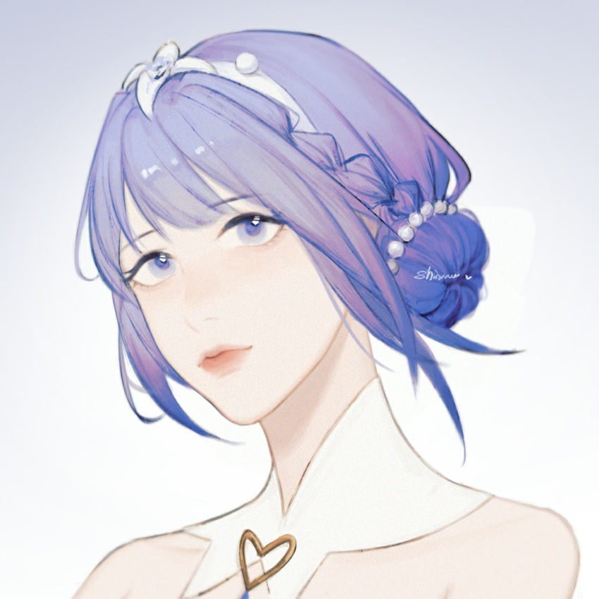 1girl baizhou_lengguang bangs bare_shoulders blue_eyes bride closed_mouth crystal_rose_sona detached_collar double_bun eyebrows_visible_through_hair hair_ornament heart league_of_legends looking_up official_alternate_costume petals portrait purple_theme short_hair signature smile sona_(league_of_legends) tiara