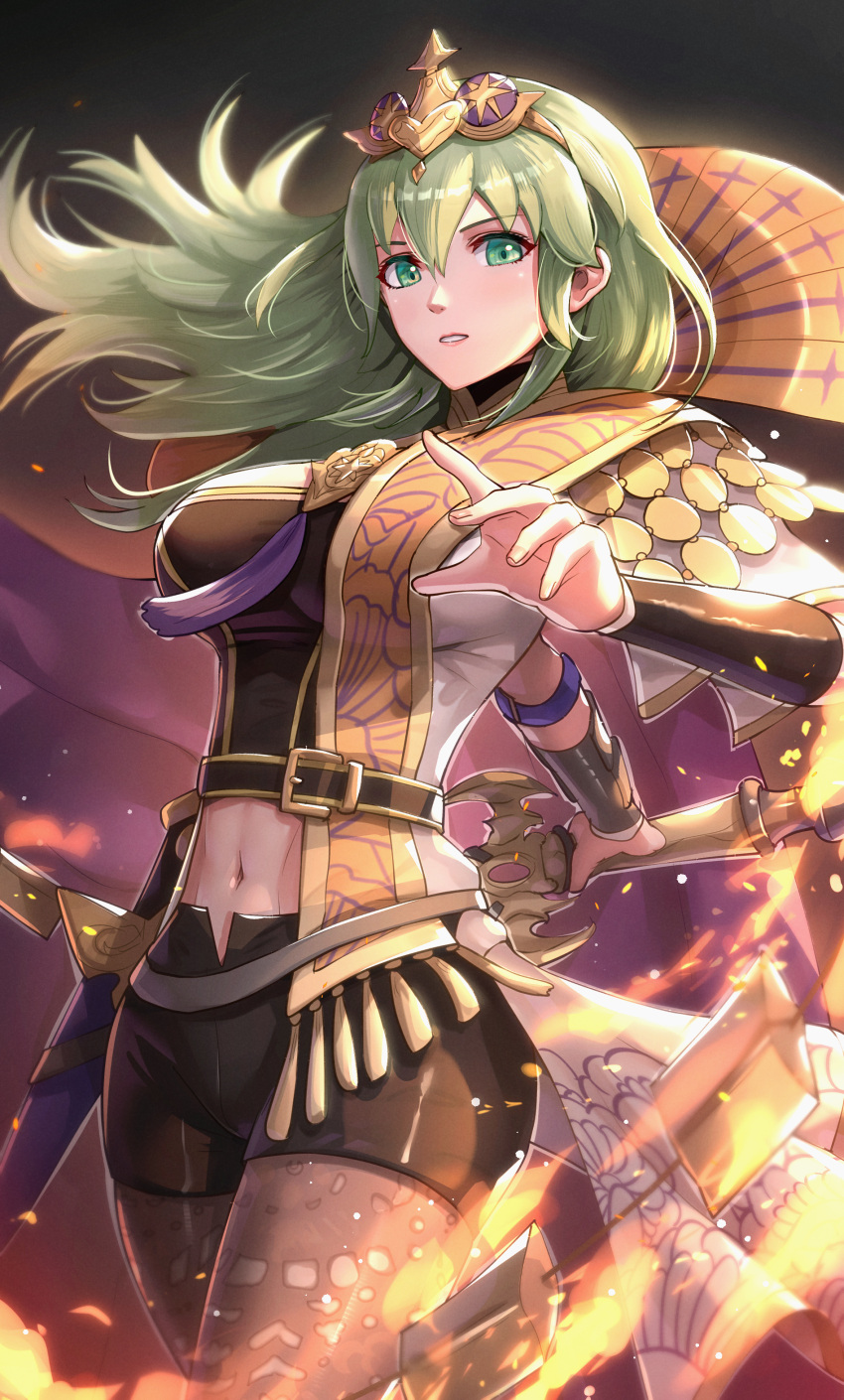 1girl absurdres armlet breasts byleth_(fire_emblem) byleth_eisner_(female) clothing_cutout commentary enlightened_byleth_(female) fire fire_emblem fire_emblem:_three_houses fire_emblem_heroes gonzarez green_eyes green_hair highres holding holding_sword holding_weapon large_breasts looking_at_viewer navel navel_cutout pantyhose parted_lips solo sword tiara weapon whip_sword