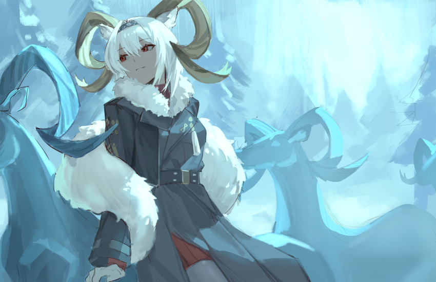 1girl animal_ears arknights backlighting bangs belt bilibilida black_coat black_hairband black_legwear carnelian_(arknights) carnelian_(hohenlohe_chillysand)_(arknights) closed_mouth coat dark-skinned_female dark_skin day eyebrows_visible_through_hair fur_shawl gloves goat goat_ears goat_girl goat_horns hairband highres horns long_sleeves looking_away looking_to_the_side mixed-language_commentary official_alternate_costume outdoors pantyhose red_eyes short_hair silver_hair sitting smile solo white_gloves