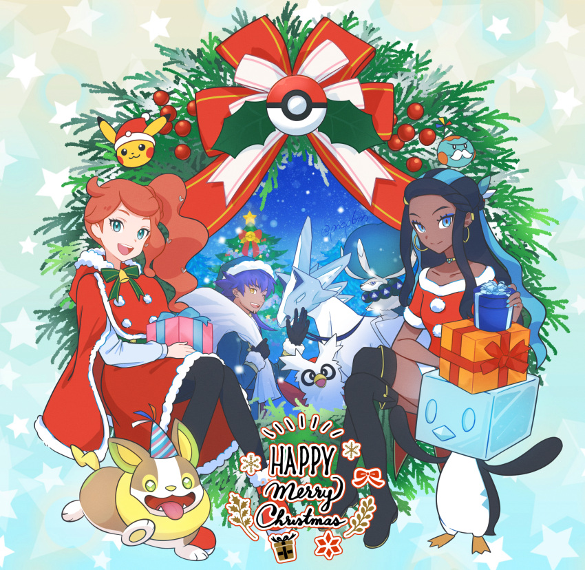 1boy 2girls :d alternate_costume black_footwear black_legwear boots box calyrex_(ice_rider) cape chewtle christmas closed_mouth collarbone commentary_request delibird eiscue eiscue_(ice) gift gift_box glastrier green_ribbon highres holding holding_gift leon_(pokemon) merry_christmas multiple_girls nessa_(pokemon) official_alternate_costume open_mouth pantyhose pikachu pokemon pokemon_(creature) pokemon_(game) pokemon_masters_ex pokemon_swsh punico_(punico_poke) red_cape red_footwear ribbon smile sonia_(pokemon) split_mouth teeth thigh-highs thigh_boots tongue upper_teeth yamper