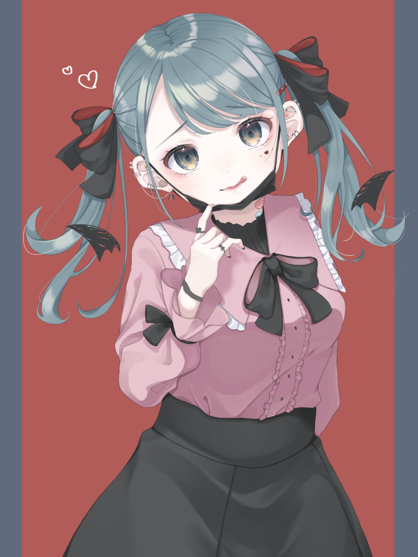 1girl aqua_eyes aqua_hair arm_behind_back black_bow black_nails black_ribbon black_skirt bow bowtie buttons commentary ear_piercing earrings eyebrows_visible_through_hair facial_mark frilled_cape frilled_shirt frills hair_bow hatsune_miku highres jewelry licking_lips long_hair looking_at_viewer miteinano_(mitei_nano28) piercing pink_shirt red_background ribbon shirt simple_background skirt solo tongue tongue_out twintails vampire_(aoki_hagane_no_arpeggio) vampire_(game) vampire_(vocaloid) vocaloid wrist_ribbon