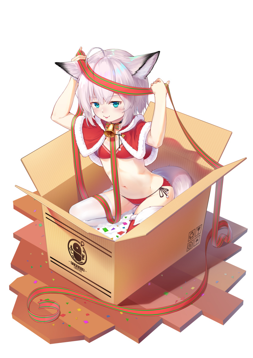 1girl :p absurdres animal_ear_fluff animal_ears arknights arms_up bell bikini blue_eyes box breasts capelet cardboard_box choker christmas fox_ears fox_girl fox_tail fur_trim highres in_box in_container jingle_bell kano_(kotailo) navel red_bikini red_capelet ribbon short_hair side-tie_bikini silver_hair sitting small_breasts smile solo sussurro_(arknights) swimsuit tail thigh-highs tongue tongue_out white_legwear