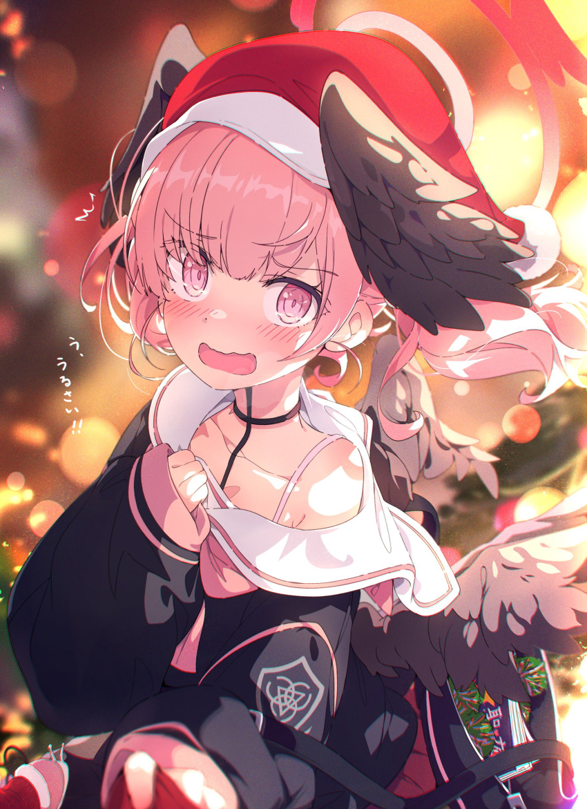 1girl absurdres black_wings blue_archive blush christmas christmas_tree embarrassed feathered_wings grey_wings halo hat head_wings highres koharu_(blue_archive) looking_at_viewer low_twintails low_wings neckerchief ogipote pink_eyes pink_hair pink_neckerchief red_headwear sailor_collar santa_hat solo twintails white_sailor_collar winged_hat wings