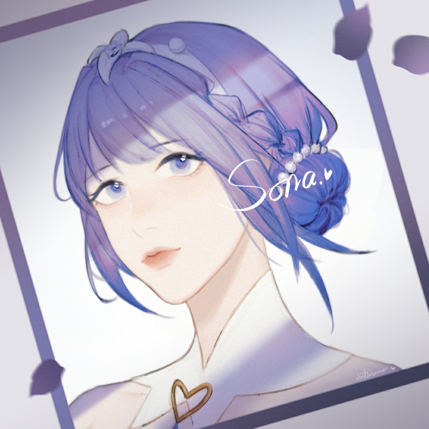 1girl baizhou_lengguang bangs bare_shoulders blue_eyes bride character_name closed_mouth crystal_rose_sona detached_collar double_bun eyebrows_visible_through_hair hair_ornament heart league_of_legends looking_up official_alternate_costume petals portrait purple_theme short_hair signature smile sona_(league_of_legends) tiara