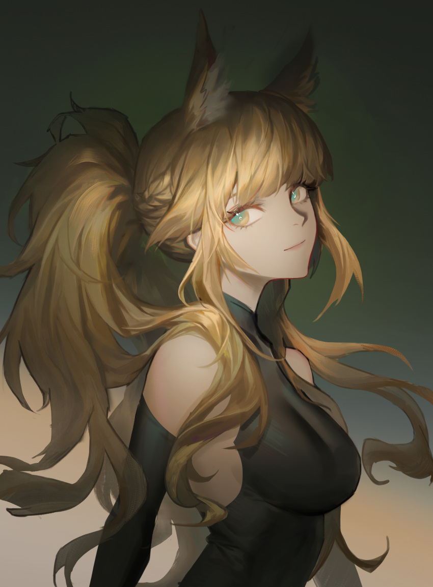 1girl alternate_costume animal_ear_fluff animal_ears arknights bangs bare_shoulders black_gloves blonde_hair blue_eyes breasts closed_mouth elbow_gloves eyebrows_behind_hair from_side gloves gradient gradient_background green_background highres horse_ears long_hair looking_at_viewer looking_to_the_side medium_breasts ponytail sleeveless smile solo upper_body whislash_(arknights) youyi_(jiam009)