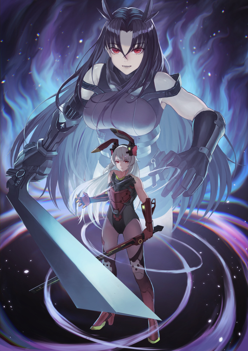 2girls absurdres bangs bare_shoulders black_hair bodysuit boots breasts charolic_(girls'_frontline_2) closed_mouth commission executioner_(girls'_frontline) eyebrows_visible_through_hair gauntlets girls'_frontline_2:_exilium girls_frontline hair_ornament headset highres holding holding_sword holding_weapon jojo_pose long_hair looking_at_viewer mechanical_arms medium_breasts multiple_girls open_mouth pixiv_request pose red_eyes saba-kann_(kannsaba) serious silver_hair single_mechanical_arm stand_(jojo) standing sword thigh-highs thigh_boots thighs weapon