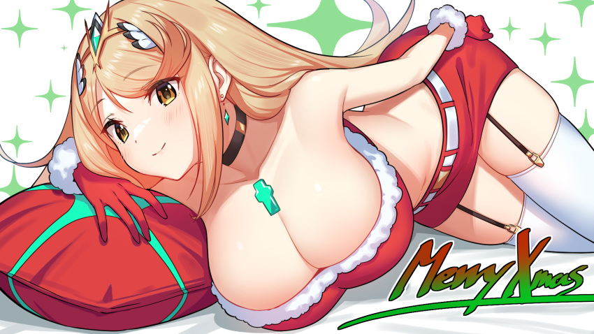 1girl arm_rest black_choker blonde_hair blush breasts chest_jewel choker closed_mouth crop_top cushion earrings eyebrows_visible_through_hair garter_straps green322 highres jewelry large_breasts lying merry_christmas miniskirt mythra_(xenoblade) navel on_side red_skirt santa_costume skindentation skirt smile solo sparkle thigh-highs tiara white_legwear xenoblade_chronicles_(series) xenoblade_chronicles_2 yellow_eyes