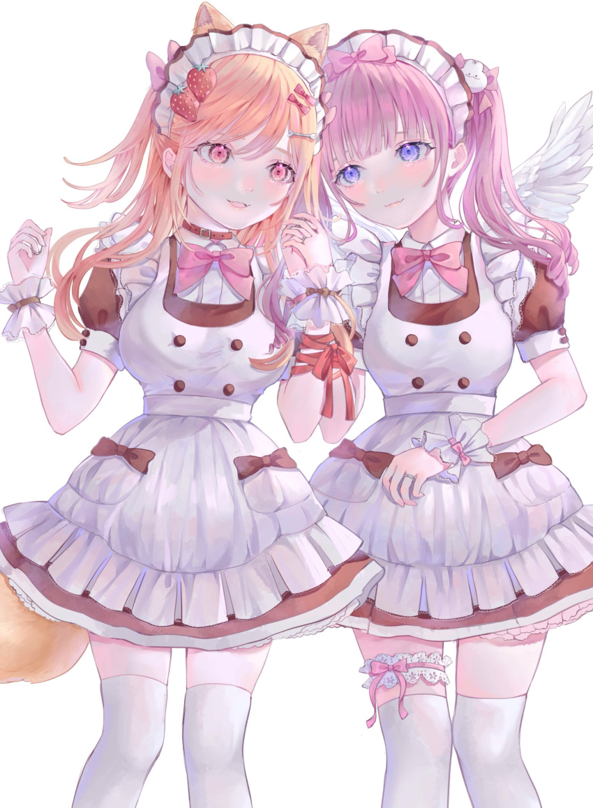 2girls absurdres angel_wings animal_ears apron bangs blunt_bangs blush bow braid buttons choker cowboy_shot dress food-themed_hair_ornament fox_ears fox_girl fox_tail frills hair_ornament hairclip hat highres holding_hands long_hair looking_at_another low_twintails maid maid_apron maid_headdress multiple_girls open_mouth orange_hair original pink_bow pink_eyes pink_hair pocket powa_(36iii) red_bow red_ribbon ribbon short_sleeves strawberry_hair_ornament swept_bangs tail thigh_ribbon thigh_strap twintails violet_eyes waist_apron waitress white_background white_legwear wings wrist_cuffs yuri