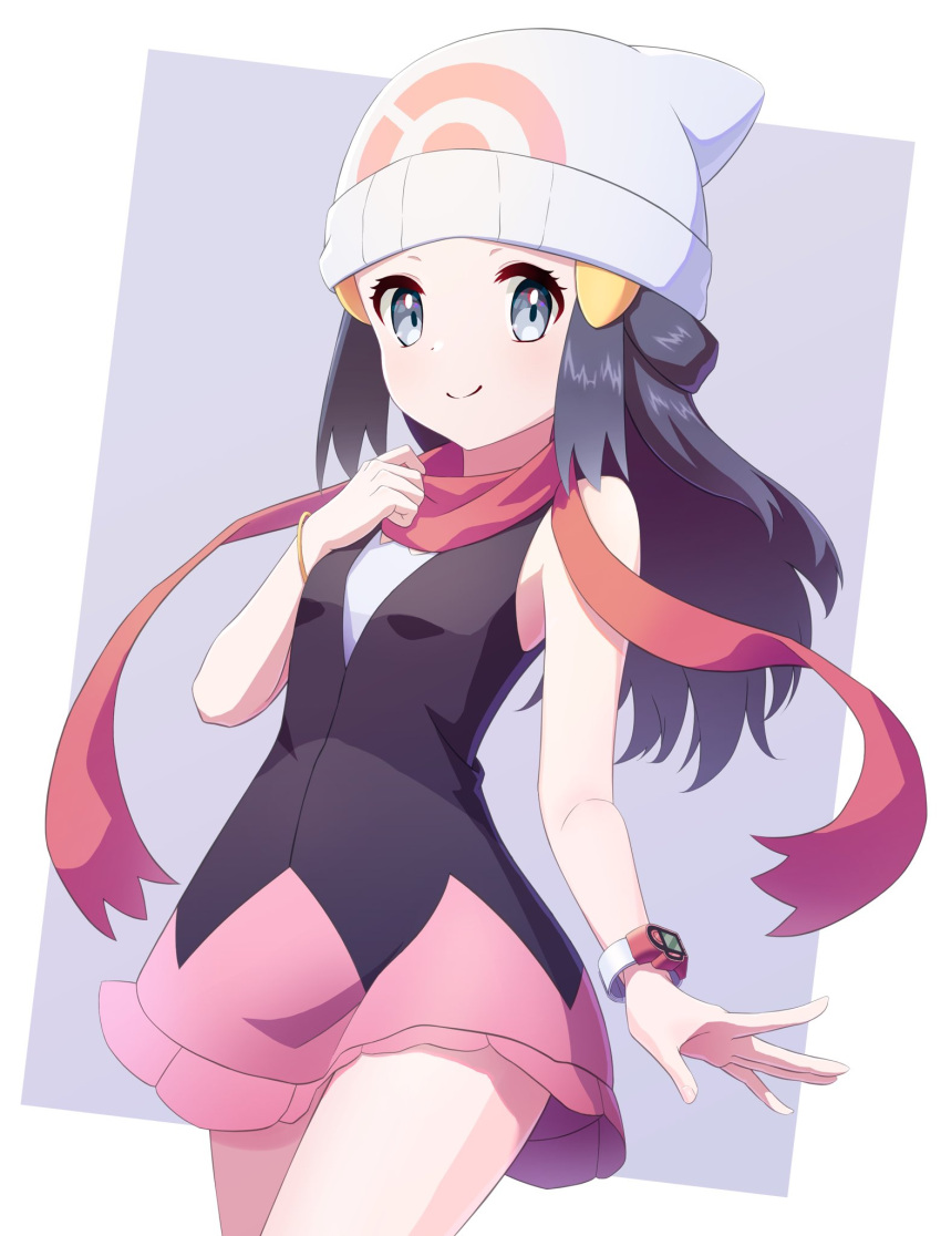 1girl beanie black_hair black_shirt blush bracelet closed_mouth commentary_request eyelashes grey_eyes hair_ornament hairclip hand_up hat highres hikari_(pokemon) jewelry long_hair pink_skirt pokemon pokemon_(game) pokemon_dppt poketch red_scarf scarf shiba_inu@oekaki shirt sidelocks skirt sleeveless sleeveless_shirt smile solo watch watch white_headwear