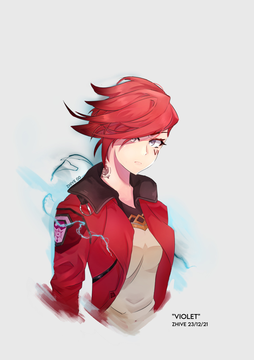 1girl absurdres arcane:_league_of_legends arcane_vi artist_name bangs breasts brown_vest character_name closed_mouth cropped_torso dated facial_tattoo grey_background grey_eyes highres jacket league_of_legends long_sleeves looking_at_viewer red_jacket redhead short_hair simple_background small_breasts solo swept_bangs tattoo upper_body vest vi_(league_of_legends) zhive00