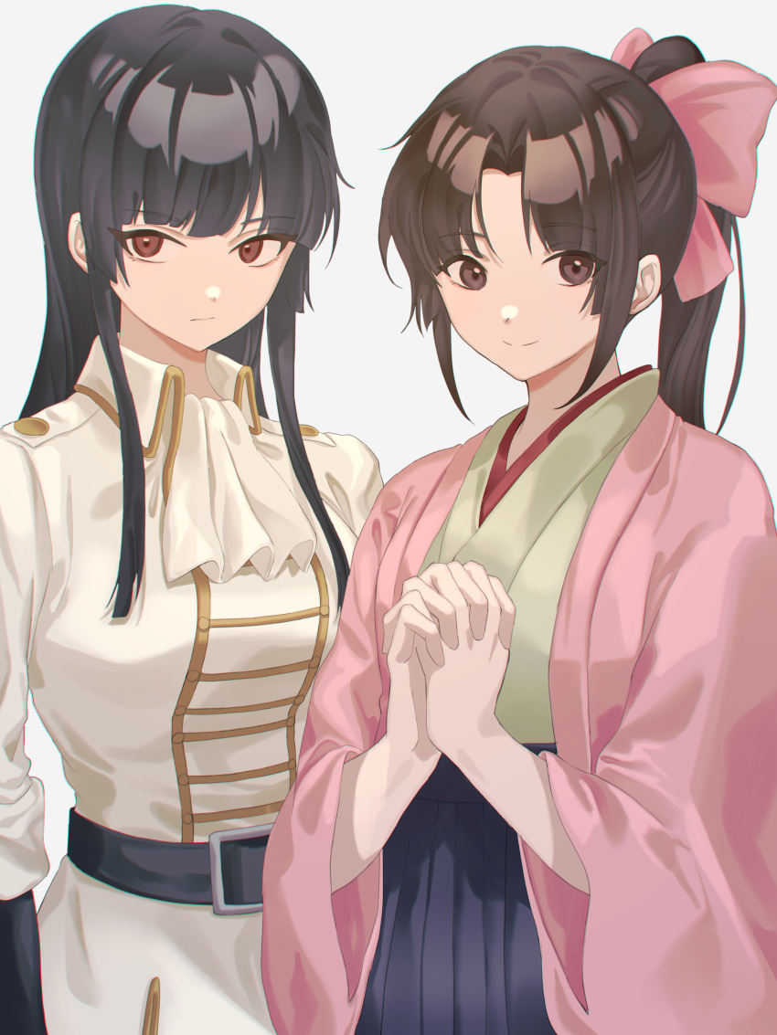 2girls absurdres bangs belt black_hair blunt_bangs crate gintama hair_ornament high_ponytail highres hime_cut imai_nobume japanese_clothes kimono long_hair merukoodo military military_uniform multiple_girls own_hands_clasped own_hands_together red_eyes sidelocks tokugawa_soyo uniform white_background wide_sleeves