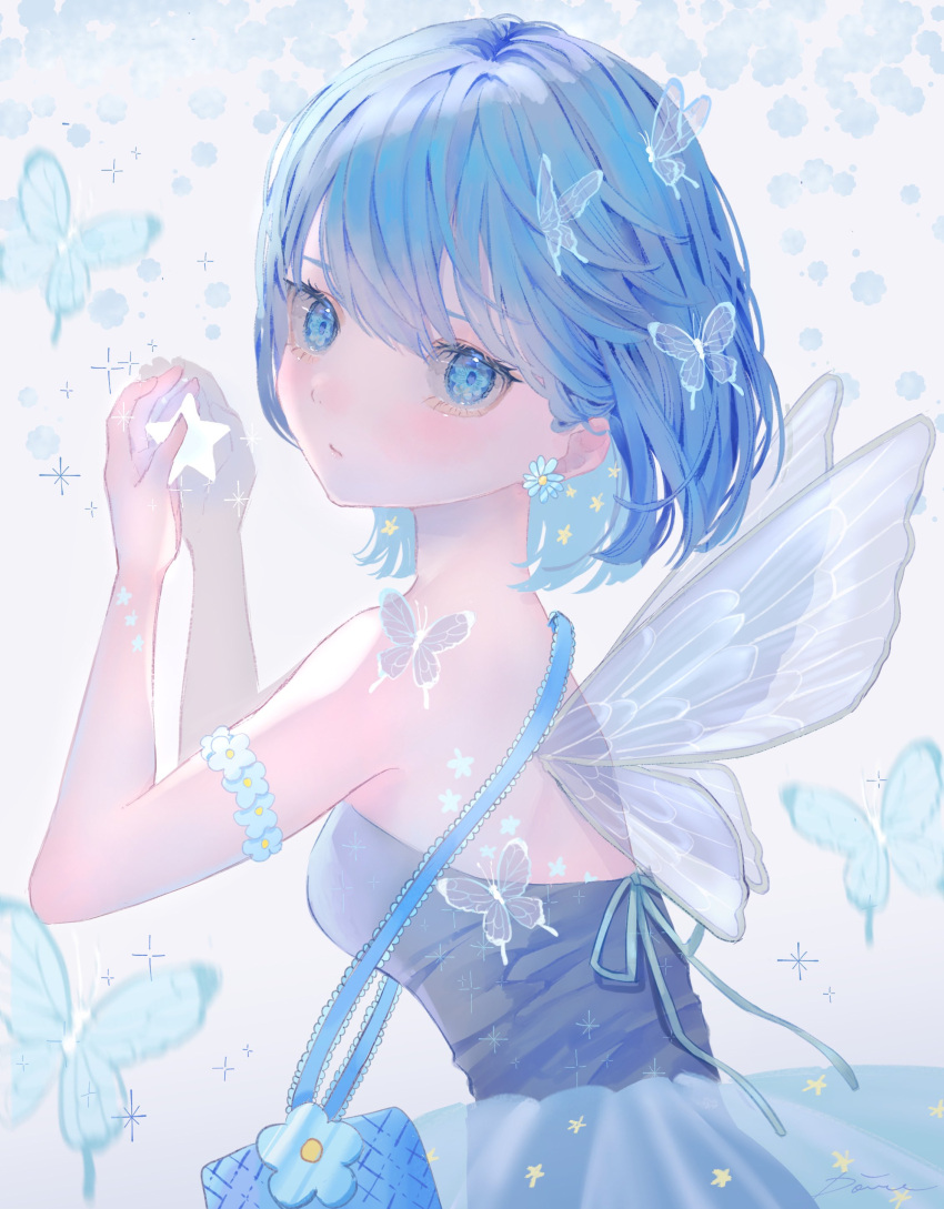 1girl absurdres blue_bow blue_butterfly blue_eyes blue_hair blue_ribbon bob_cut bow bug butterfly daisy fairy_wings flower from_side highres holding holding_star light_particles looking_at_viewer original powa_(36iii) ribbon short_hair sparkle star_(symbol) transparent transparent_butterfly transparent_umbrella umbrella upper_body wings