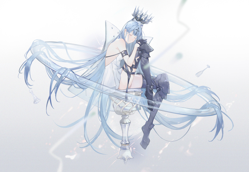 absurdly_long_hair armored_boots armpit_crease ass azur_lane backless_dress backless_outfit black_gloves blue_hair boots champagne_(azur_lane) closed_eyes commentary cross crown cup dress drinking_glass from_side gloves halo hands_on_own_knees headpiece highres knee_up kongxin_dian leaning_forward long_hair sitting thighs very_long_hair white_dress wine_glass
